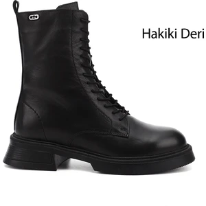 Gön Hakiki Deri Yuvarlak Burun Termo Taban Bağcıklı Fermuarlı Kadın Postal Bot 51455