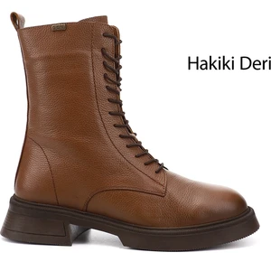 Gön Hakiki Deri Yuvarlak Burun Termo Taban Bağcıklı Fermuarlı Kadın Postal Bot 51455