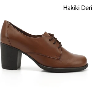 Kadın Taba Bağcıklı Orta Kalın Topuklu Hakiki Deri Oxford Ayakkabı