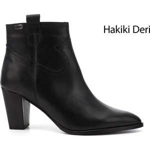 Kadın Siyah Fermuarlı Sivri Burun Hakiki Deri Bot