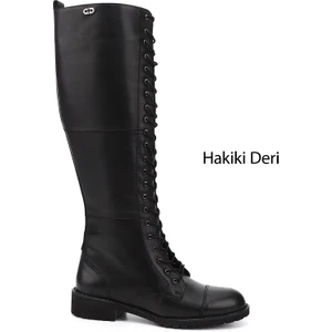 Kadın Siyah  Fermuarlı Kauçuk Taban Hakiki Deri Postal Çizme