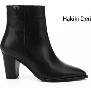 Kadın Siyah Fermuarlı Sivri Burun Hakiki Deri Bot