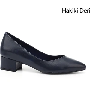 Kadın Antik Lacivert Kısa Kalın Topuklu Hakiki Deri Ayakkabı