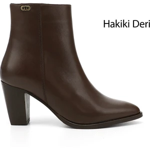 Kadın Kahve Fermuarlı Sivri Burun Hakiki Deri Bot