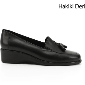 Kadın Siyah Dolgu Taban Püsküllü Hakiki Deri Ayakkabı