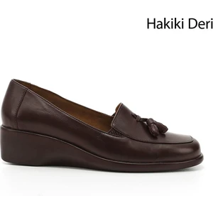 Kadın Kahve Dolgu Taban Püsküllü Hakiki Deri Ayakkabı