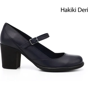 Gön Hakiki Deri Yuvarlak Burun Orta Topuklu Kauçuk Taban Kadın Ayakkabı 24136