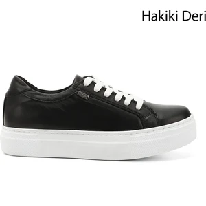 Kadın Siyah Bağcıklı Dolgu Taban Hakiki Deri Sneaker