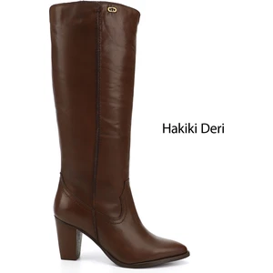 Kadın Kahve Sivri Burun Kalın Topuklu Hakiki Deri Çizme