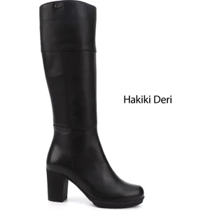 Kadın Siyah Fermuarlı Kalın Topuklu Hakiki Deri Çizme