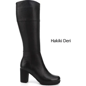 Kadın Siyah Floter  Fermuarlı Kalın Topuklu Hakiki Deri Çizme