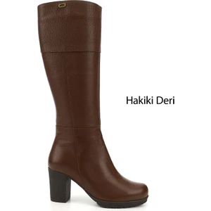 Kadın Kahve Fermuarlı Kalın Topuklu Hakiki Deri Çizme