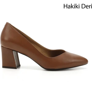 Kadın Taba Antik Sivri Burun Orta Kalın Topuklu Hakiki Deri Ayakkabı