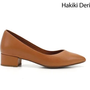 Kadın Açık Taba Kısa Kalın Topuklu Hakiki Deri Ayakkabı