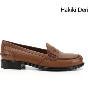 Gön Hakiki Deri Yuvarlak Burun Kısa Topuklu Loafer Kadın Günlük Ayakkabı 24138