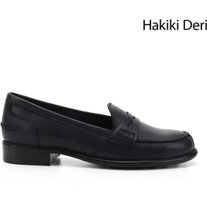 Gön Hakiki Deri Yuvarlak Burun Kısa Topuklu Loafer Kadın Günlük Ayakkabı 24138