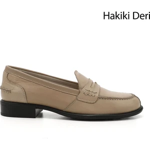 Gön Hakiki Deri Yuvarlak Burun Kısa Topuklu Loafer Kadın Günlük Ayakkabı 24138