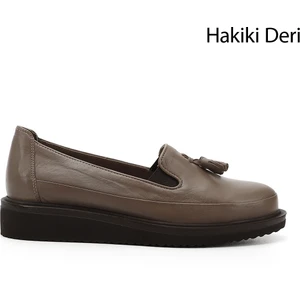 Gön Hakiki Deri Yuvarlak Burun Dolgu Taban Püsküllü Kadın Günlük Ayakkabı 24142