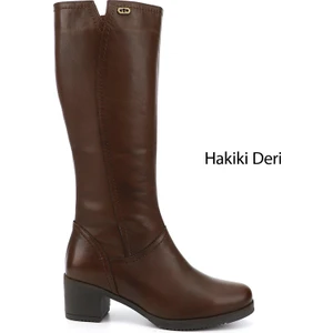 Gön Hakiki Deri Yuvarlak Burun Kauçuk Taban Topuklu Fermuarlı Kadın Günlük Çizme 46529