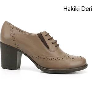 Gön Hakiki Deri Yuvarlak Burun Kalın Topuklu Kauçuk Taban Bağcıklı Kadın Ayakkabı 24040