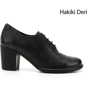 Gön Hakiki Deri Yuvarlak Burun Kalın Topuklu Kauçuk Taban Bağcıklı Kadın Ayakkabı 24040