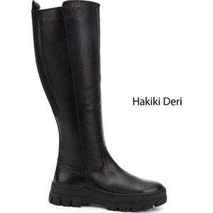 Kadın Siyah Fermuarlı Kauçuk Taban Hakiki Deri Çizme