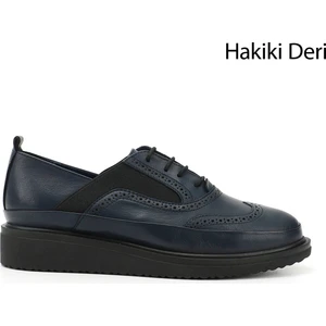 Gön Hakiki Deri Yuvarlak Burun Dolgu Taban Bağcıklı Lastikli Kadın Ayakkabı 24084