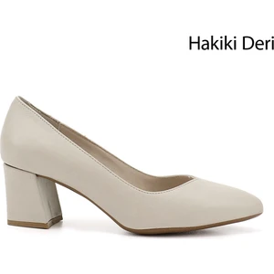 Kadın Bej Sivri Burun Orta Kalın Topuklu Hakiki Deri Ayakkabı