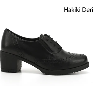 Kadın Siyah Bağcıklı Orta Kalın Topuklu Hakiki Deri Oxford Ayakkabı