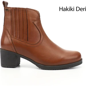 Kadın Taba Antik Fermuarlı Kalın Topuklu Hakiki Deri Bot