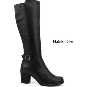 Gön Hakiki Deri Yuvarlak Burun Kauçuk Taban Topuklu Fermuarlı Tokalı Kadın Çizme 46501