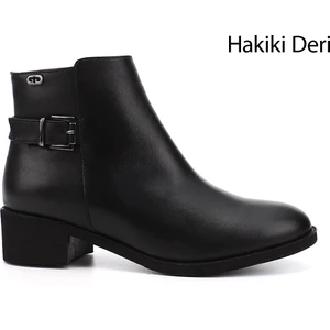 Kadın Siyah Fermuarlı Kalın Topuklu Hakiki Deri Bot