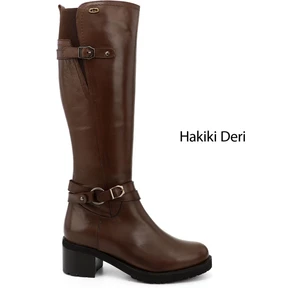 Gön Hakiki Deri Yuvarlak Burun Kauçuk Taban Topuklu Fermuarlı Tokalı Kadın Çizme 44562