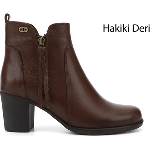 Gön Hakiki Deri Yuvarlak Burun Topuklu Kauçuk Taban Fermuarlı Püsküllü Kadın Bot 10406