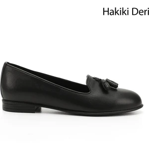 Kadın Siyah Hakiki Deri Püsküllü Babet