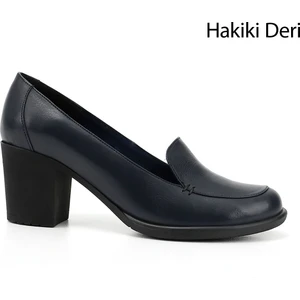 Kadın Antik Lacivert Orta Kalın Topuklu Hakiki Deri Ayakkabı