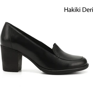 Kadın Siyah Orta Kalın Topuklu Hakiki Deri Ayakkabı
