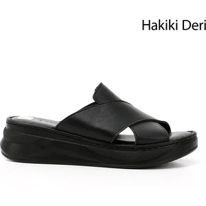 Kadın Siyah Çapraz Bantlı Dolgu Topuk Hakiki Deri Comfort Terlik