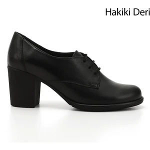 Kadın Siyah Bağcıklı Orta Kalın Topuklu Hakiki Deri Oxford Ayakkabı