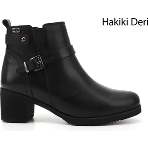 Gön Hakiki Deri Yuvarlak Burun Topuklu Fermuarlı Tokalı Kadın Günlük Bot 48491