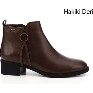 Gön Hakiki Deri Yuvarlak Burun Kauçuk Taban Topuklu Fermuarlı Püsküllü Kadın Bot 10416