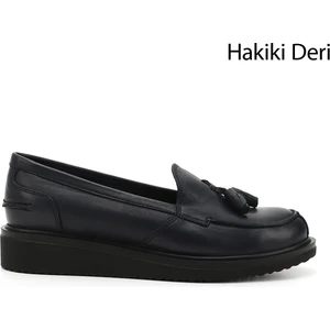 Kadın Antik Lacivert Dolgu Taban Hakiki Deri Loafer Ayakkabı