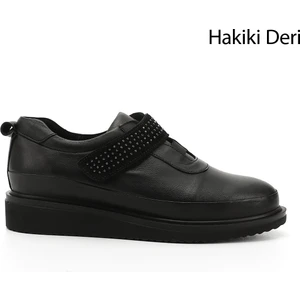 Kadın Siyah Dolgu Taban Taş Detaylı Hakiki Deri Ayakkabı