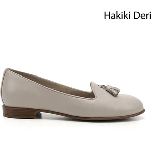 Kadın Antik Bej Hakiki Deri Püsküllü Babet