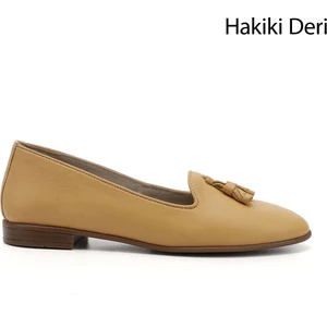 Kadın Hardal Hakiki Deri Püsküllü Babet