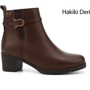 Kadın Kahve Fermuarlı Kalın Topuklu Hakiki Deri Bot