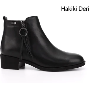 Gön Hakiki Deri Yuvarlak Burun Kauçuk Taban Topuklu Fermuarlı Püsküllü Kadın Bot 10416