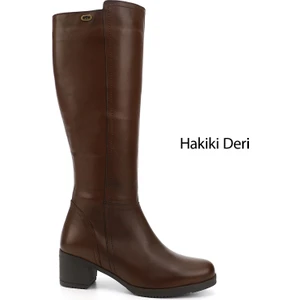 Kadın Kahve Antik Fermuarlı Kalın Topuklu Hakiki Deri Çizme