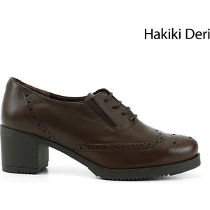 Gön Hakiki Deri Yuvarlak Burun Orta Topuklu Kauçuk Taban Bağcıklı Kadın Ayakkabı 24231