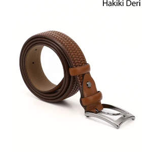 Erkek Taba Hakiki Deri 3,5 Cm Örgü Desenli Kemer
